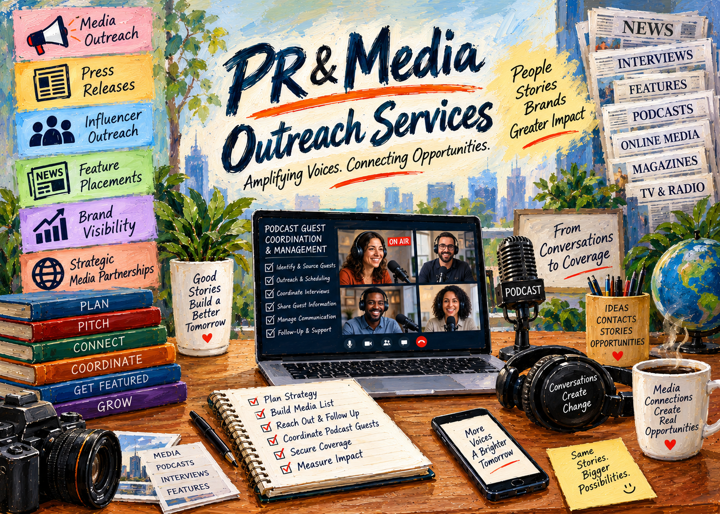PR & Media Outreach services — research, lead lists, guest booking and media placement
